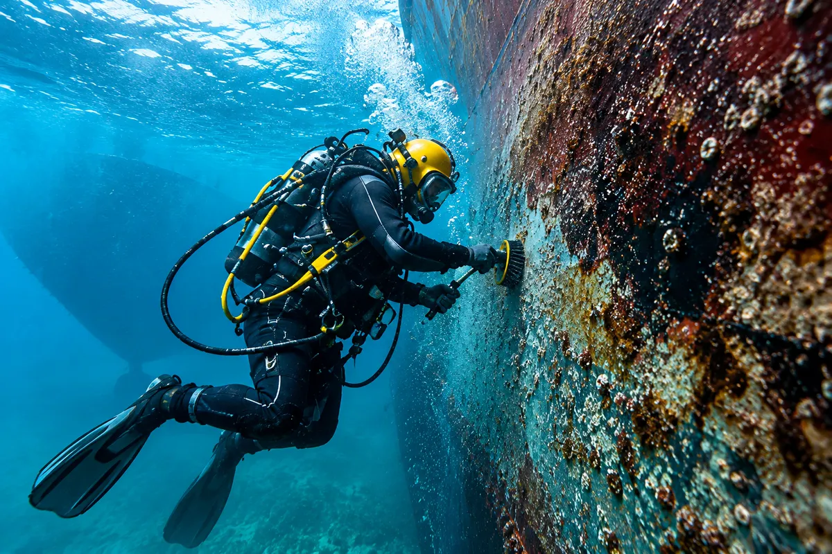diver cleaning a ship hull underwater