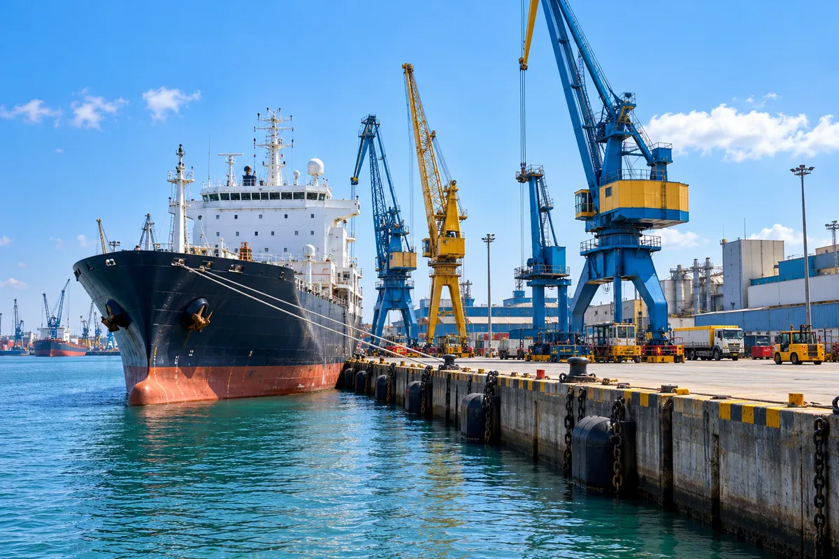 Cargo vessel alongside a port with cranes in daylight