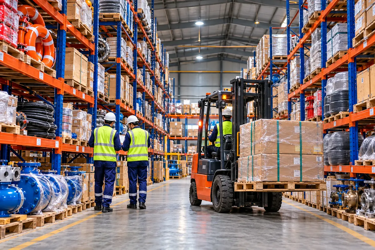Warehouse stores with racked spares and a forklift