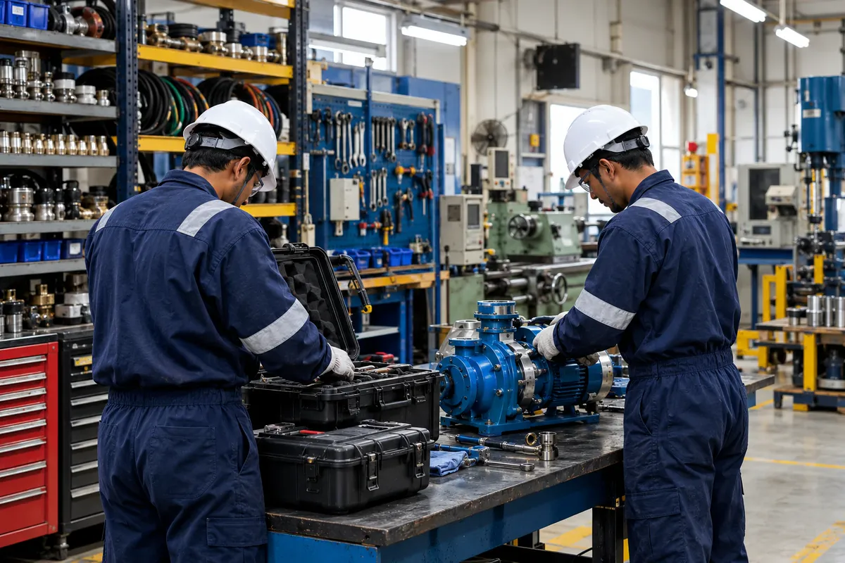 technicians preparing and inspecting equipment